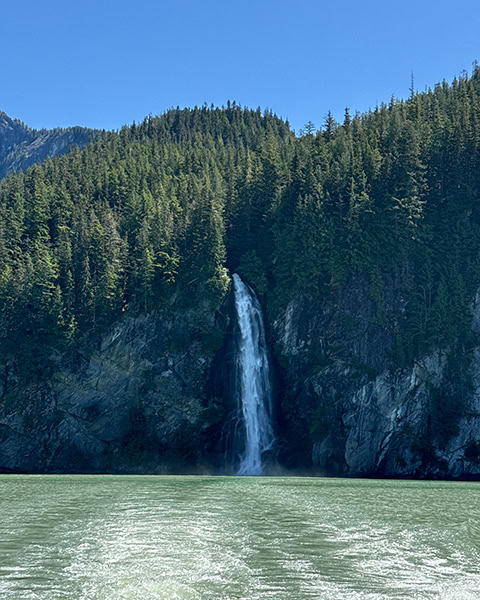 Ein mächtiger, weißer Wasserfall stürzt aus einem dichten, grünen Nadelwald über eine felsige Steilwand direkt in ein türkisgrünes Fjordgewässer. Im Vordergrund ist die weiße Schaumkrone der Heckwelle eines Bootes unter wolkenlosem blauem Himmel zu sehen.