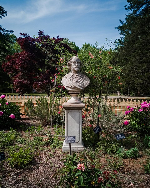Eine steinerne Büste von William Shakespeare steht auf einem hohen Sockel inmitten eines blühenden Gartens mit Rosen und anderen Pflanzen, hinter dem ein niedriger Holzzaun und dichte Bäume unter blauem Himmel zu sehen sind.