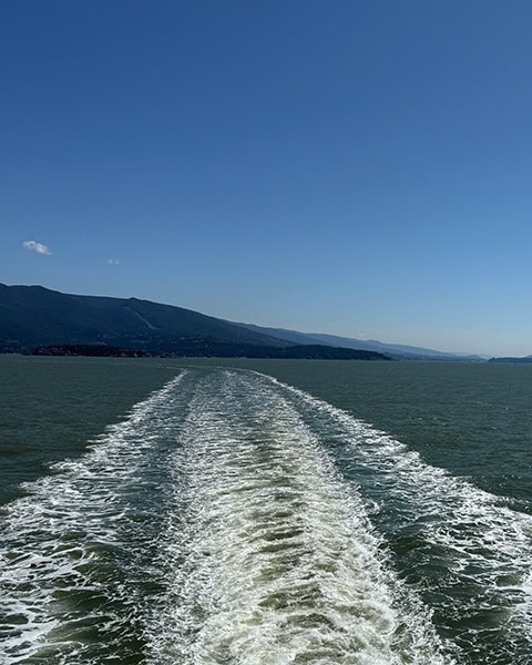 Blick vom Heck einer Fähre auf die breite, weiße Heckwelle im tiefblauen Meerwasser. Im Hintergrund erstreckt sich eine hügelige, bewaldete Küstenlandschaft unter strahlend blauem Himmel.
