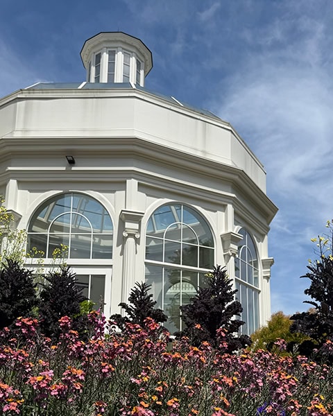 Ein großer, weißer Pavillon mit runden Bogenfenstern und einer gläsernen Kuppel ragt hinter einem Beet mit dicht blühenden, farbenfrohen Blumen und dunklen Zierpflanzen unter einem leicht bewölkten Himmel auf.