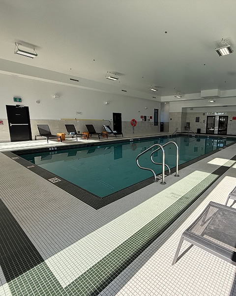 Ein helles, modernes Hallenbad mit einem rechteckigen, tiefblauen Schwimmbecken und einem gefliesten Mosaikboden in Weiß und Dunkelgrün. Am Beckenrand stehen mehrere schwarze Sonnenliegen bereit, während Sonnenlicht durch Fenster auf den Boden fällt.