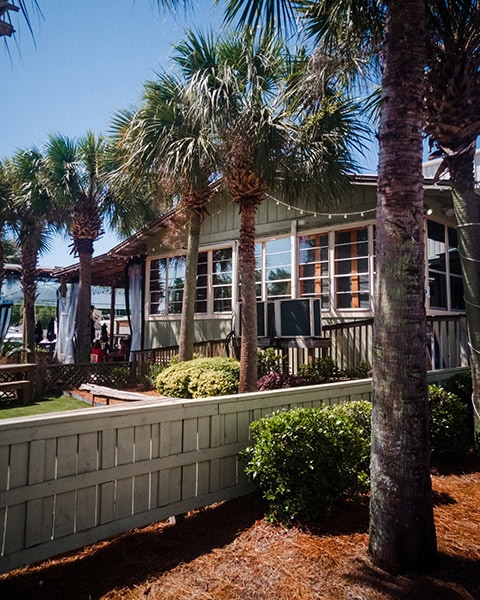 Die schattige Außenterrasse des beliebten Seafood-Lokals BLUEGILL Restaurant in Spanish Fort liegt hinter einem niedrigen Holzzaun und ist von hohen Palmen, grünen Büschen und einer dekorativen Lichterkette umgeben.