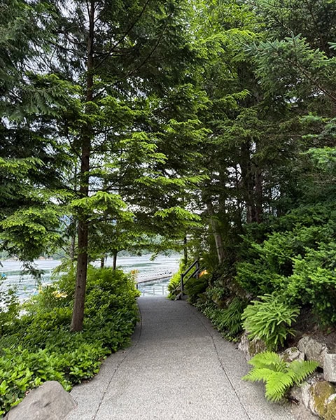 Ein sauber angelegter, geschwungener Betonweg führt durch eine üppige, grüne Gartenlandschaft mit dichten Nadelbäumen, Farnen und Sträuchern. Im Hintergrund schaut ein ruhiger See mit einem hölzernen Bootssteg durch die Äste der Bäume