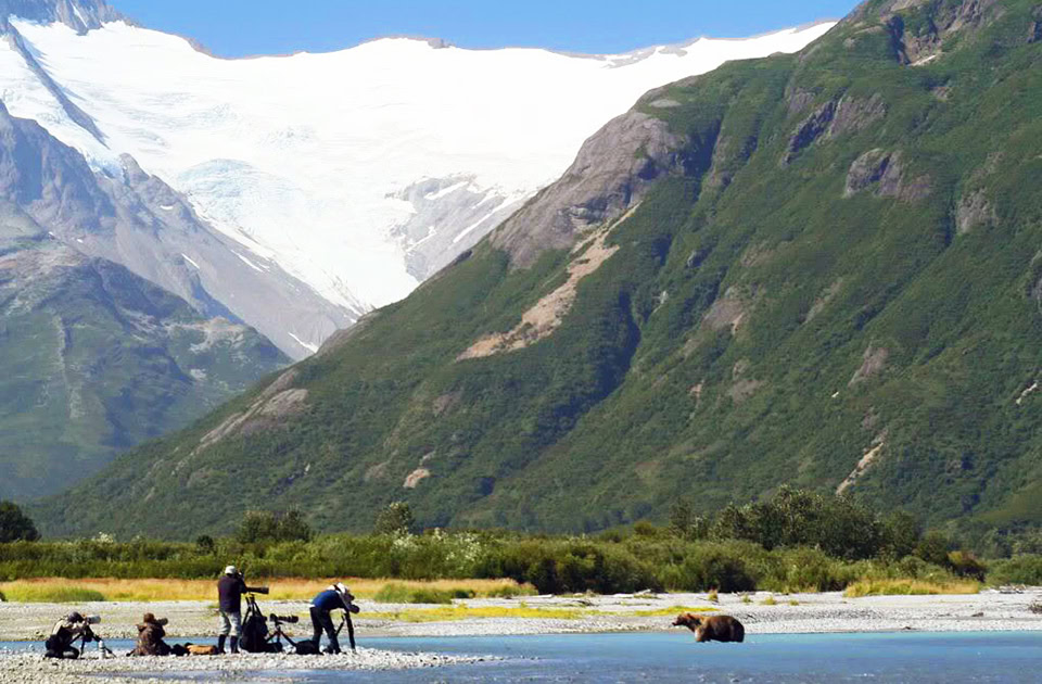 Eine Gruppe von Fotografen steht mit Stativen und Kameras am Ufer eines Flusses und fotografiert einen Braunbären, der im flachen Wasser steht. Im Hintergrund ragen steile, grüne Berghänge und ein massiver, schneebedeckter Gletscher unter blauem Himmel empor.