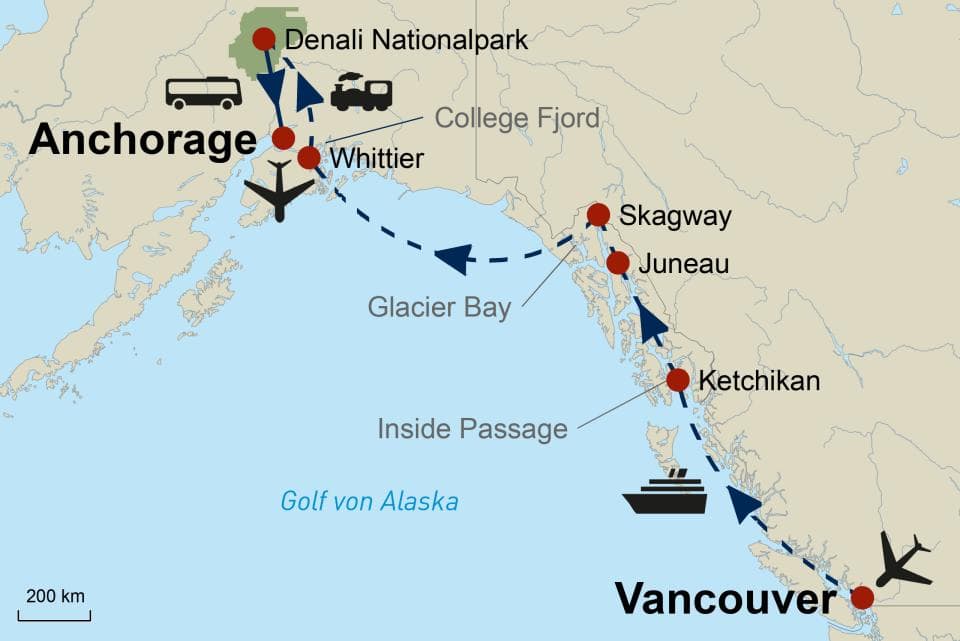 Karte Alaska Kreuzfahrt - Alaska & Denali Explorer