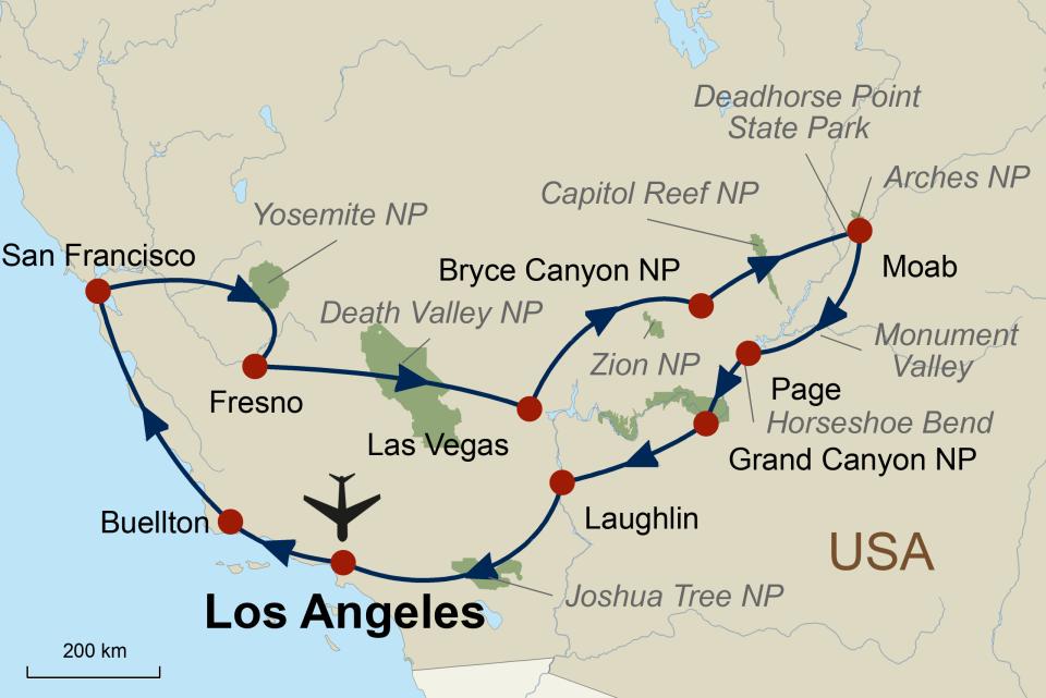 Reiseverlauf West Coast & National Parks - Gruppenreise ab/bis Los Angeles mit den Highlights des Westens