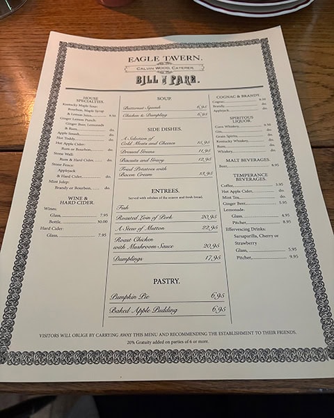 Eagle Tavern Speisekarte