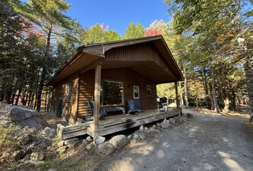 Eine rustikale Holzhütte mit einer erhöhten Holzveranda, umgeben von dichten grünen Bäumen und herbstlich gefärbten Blättern unter einem klaren blauen Himmel.