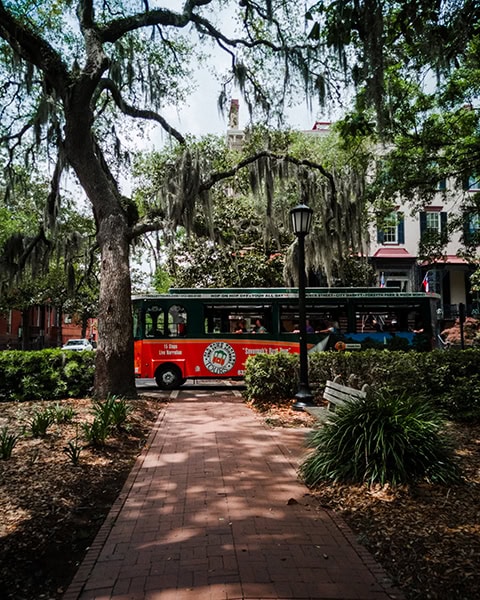 Ein rot-grüner Ausflugsbus von Old Savannah Tours fährt hinter einer Hecke an einem historischen Platz vorbei, gesehen von einem rot gepflasterten Backsteinweg im Landmark Historic District in Savannah, Georgia, während mächtige alte Eichen mit herabhängendem Spanischen Moos den Vordergrund beschatten und im Hintergrund historische Wohnhäuser stehen.